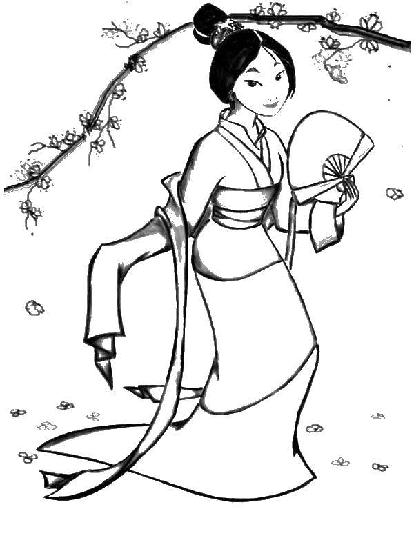 Название: Раскраска Китайская девушка у сакуры. Категория: китай. Теги: Китай.