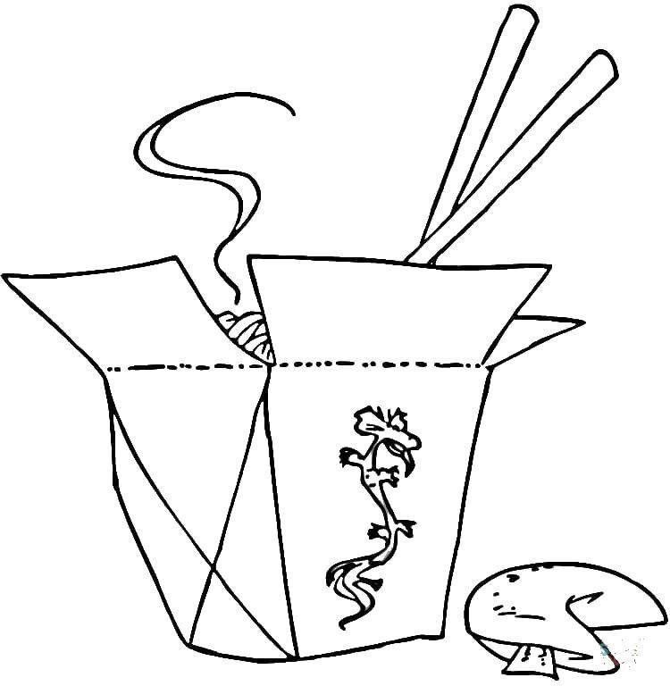 Название: Раскраска Коробочка с китайской едой и палочки. Категория: еда. Теги: китайская еда, палочки, коробка.