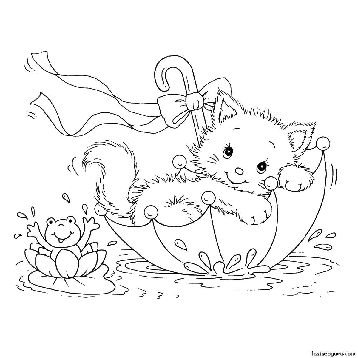 Название: Раскраска Кошечка в зонтике. Категория: Коты и котята. Теги: коты, котята, кошки, зонт.