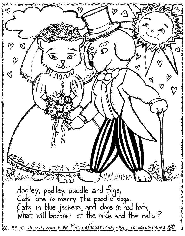Coloring A cat married to a dog. Category I love you. Tags:  Wedding, dress, bride, groom.