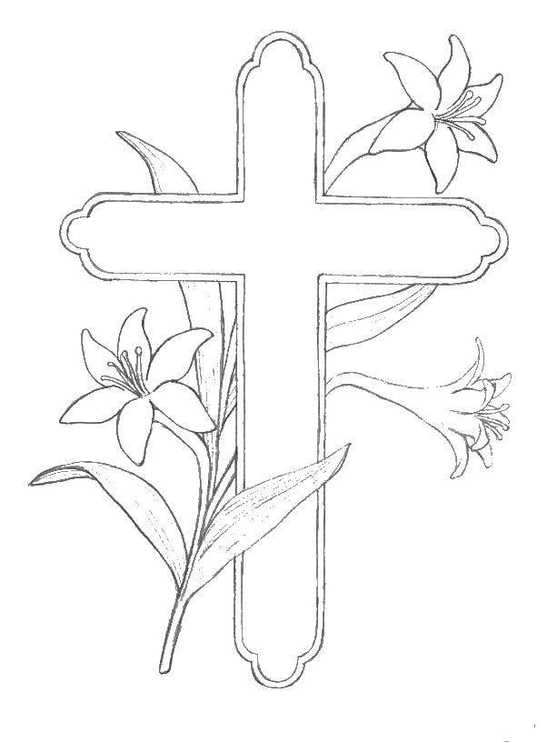 Coloring Cross and lilies. Category coloring pages cross. Tags:  cross, flowers.