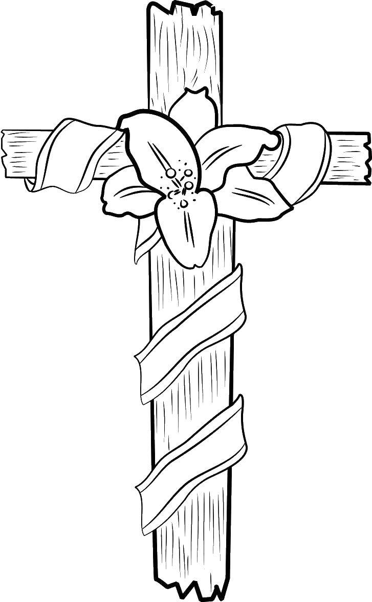 Coloring The cross and flower. Category coloring pages cross. Tags:  cross, flower, ribbon.