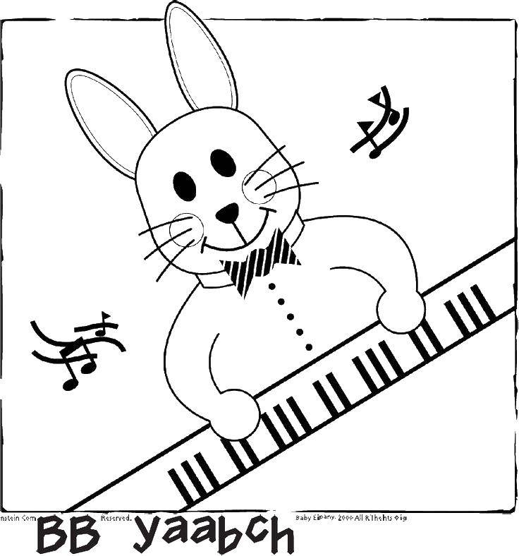 Название: Раскраска Кролик и пианино. Категория: музыка. Теги: кролик, пианино, ноты.