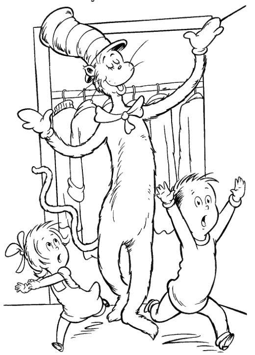 Coloring A boy and a girl running away from a cat. Category children. Tags:  Children, cat.