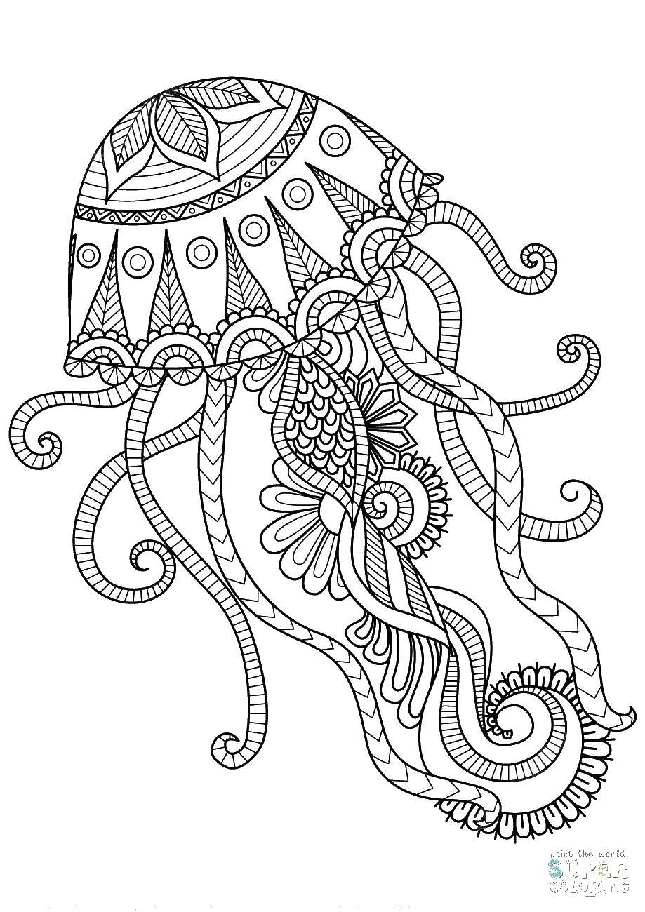 Название: Раскраска Медуза в узорах. Категория: Морские обитатели. Теги: Подводный мир, медуза, узор.