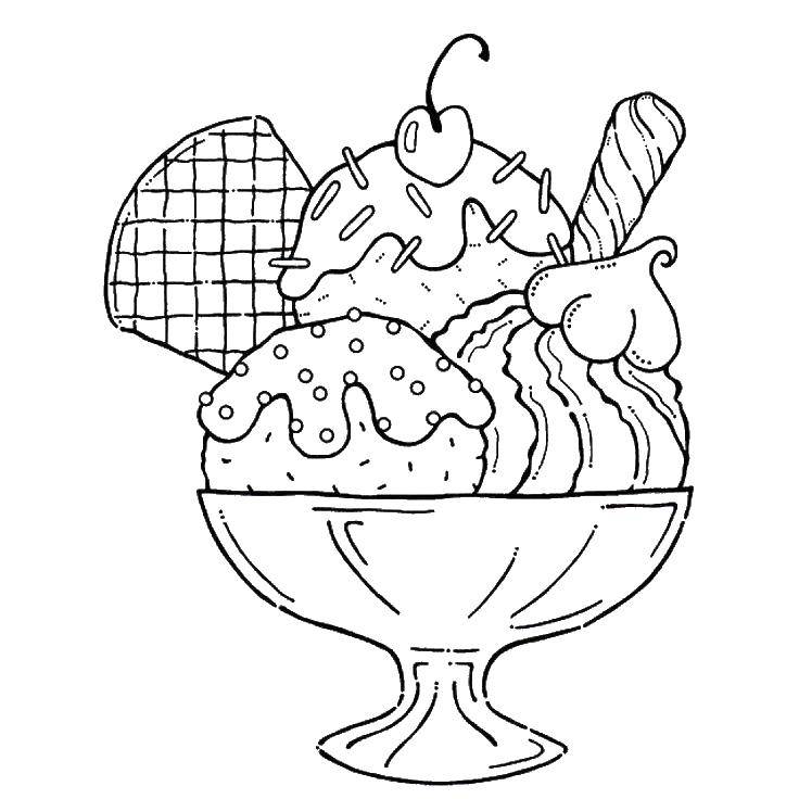 Название: Раскраска Мороженое в миске с вафлями. Категория: мороженое. Теги: Мороженое, сладость, дети.