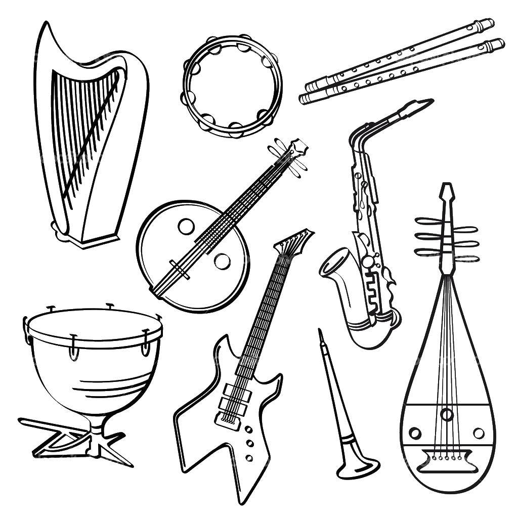 Название: Раскраска Музыкальные инструменты. Категория: Музыка. Теги: саксофон, барабаны, виолончель.