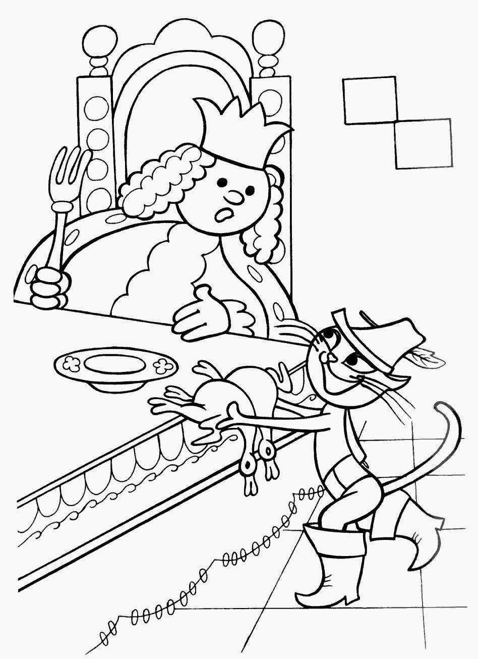 Название: Раскраска Рисунок кот в сапогах и король. Категория: домашние животные. Теги: кошка, кот.