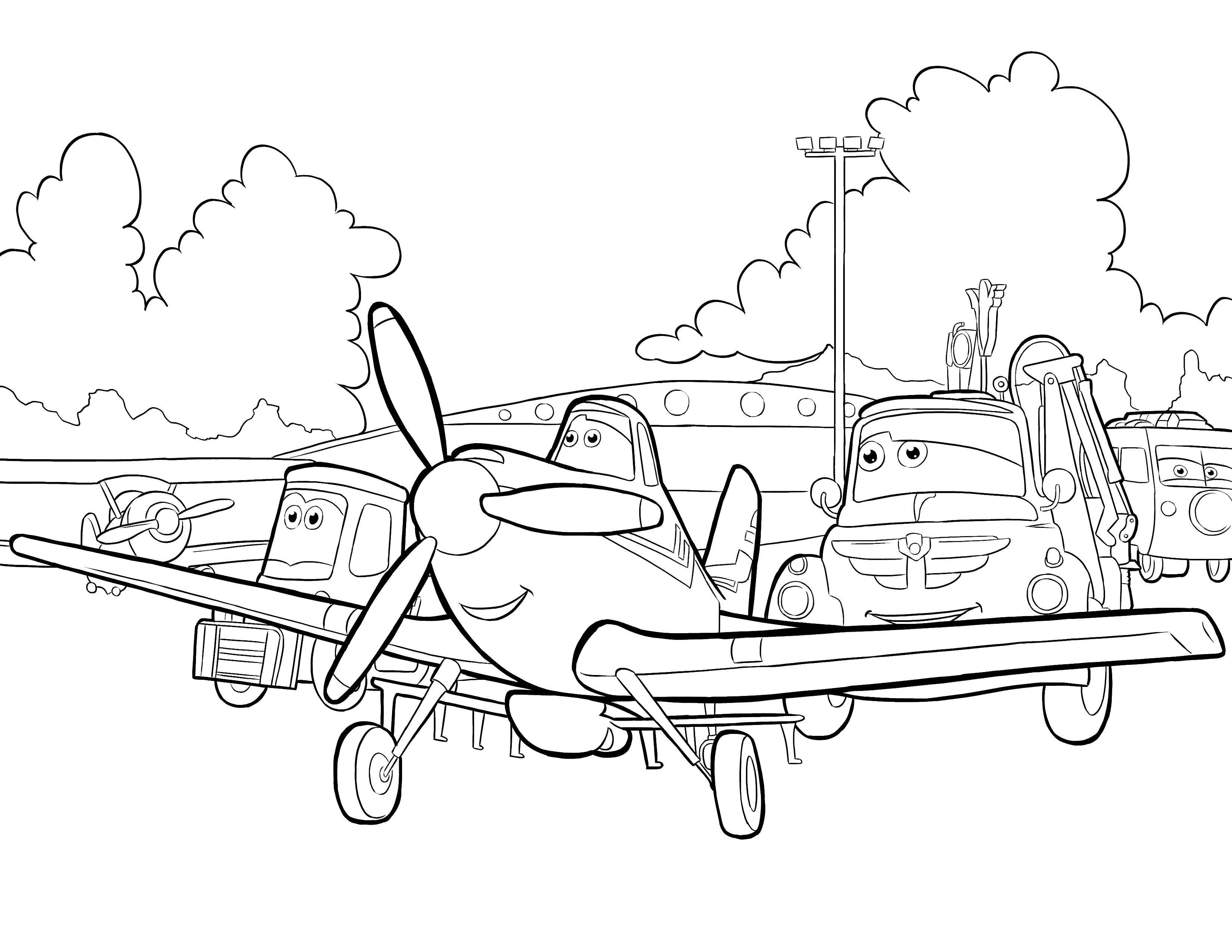 Coloring The plane and cars. Category Wheelbarrows. Tags:  Wheelbarrow, machine, airplane.