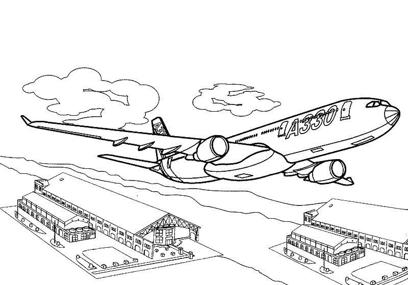 Название: Раскраска Самолёт летит над городом. Категория: самолеты. Теги: Самолёт.