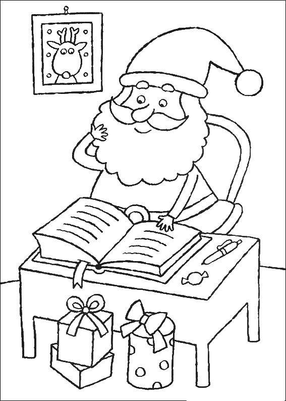 Название: Раскраска Санта клаус читает пожелания детей. Категория: новый год. Теги: Новый Год, Дед Мороз, Санта Клаус, подарки.