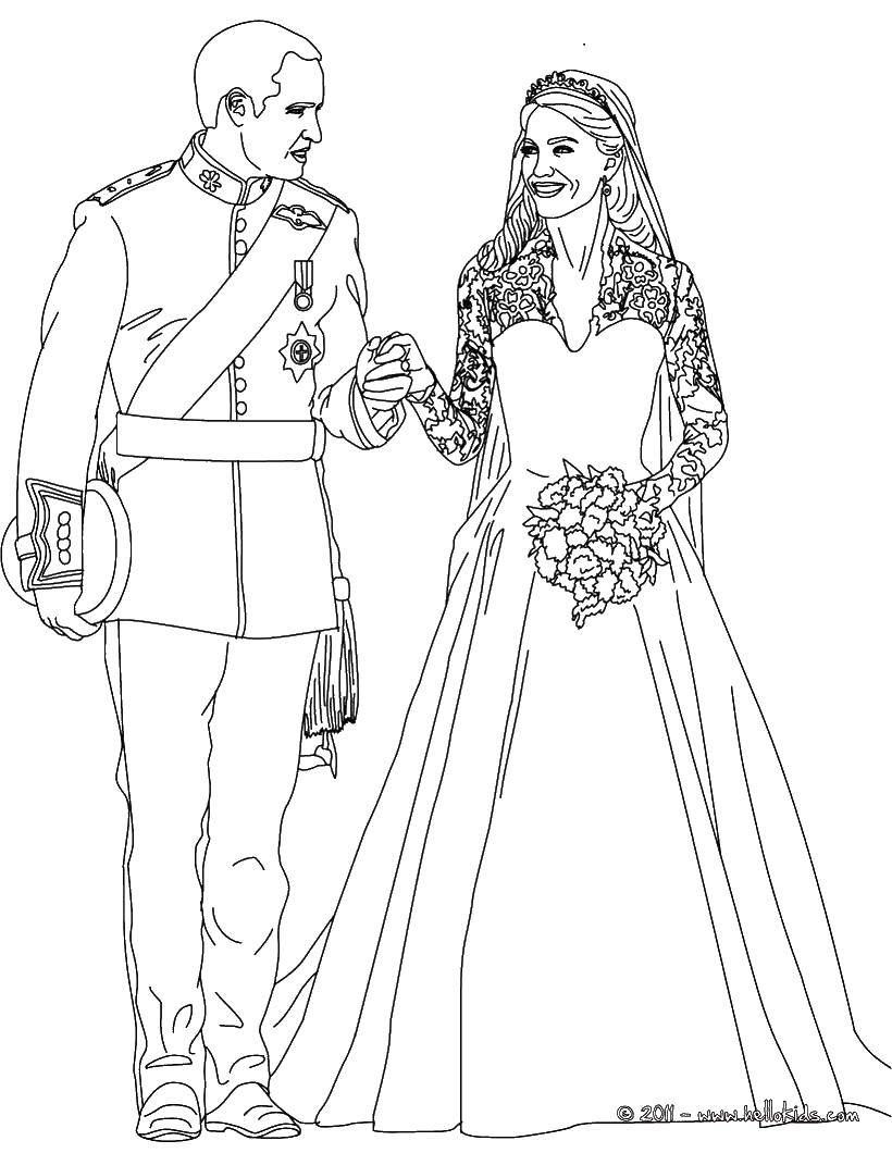 Название: Раскраска Свадьба принц и принцесса. Категория: Свадьба. Теги: принц, невеста, фата, букет.