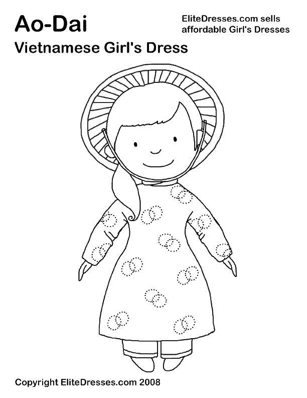 Название: Раскраска Вьетнамское платье. Категория: Платья. Теги: девочка, платье, шляпа.