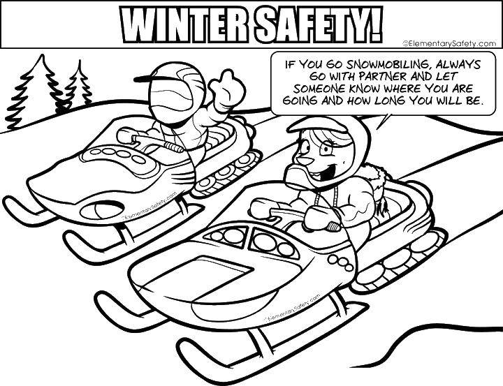 Название: Раскраска Зимняя безопасность на снегоходах. Категория: раскраски. Теги: Правила безопасности.