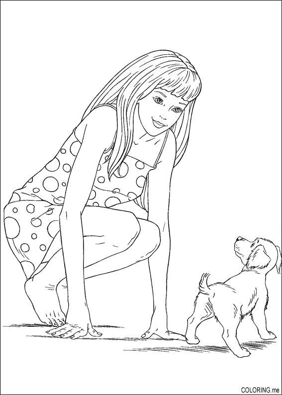 Название: Раскраска Барби со своим щенком. Категория: домашние животные. Теги: Животные, собака.
