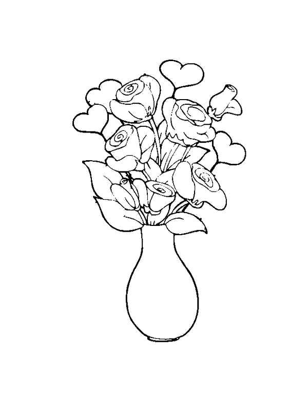 Coloring A bouquet of wonderful roses and hearts. Category Vase. Tags:  Flowers, bouquet, vase.