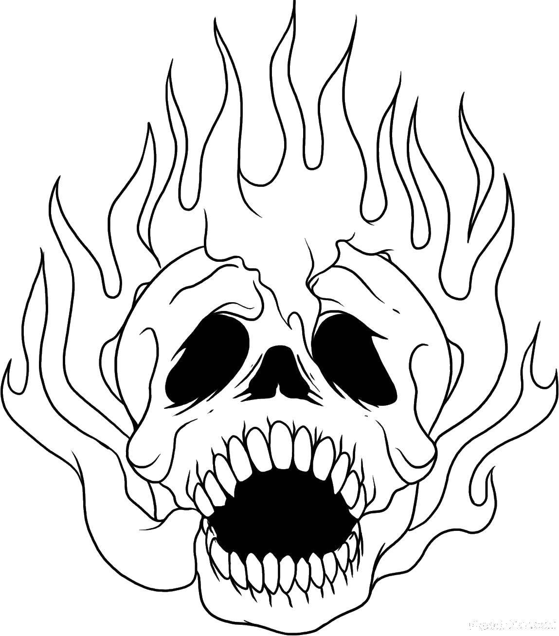 Coloring Skull covered in flames. Category Skull. Tags:  Skull, fire.