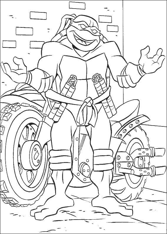 Название: Раскраска Черепашки ниндзя и мотоцикл. Категория: черепашки ниндзя. Теги: черепашки, мультики, черепашки ниндзя.