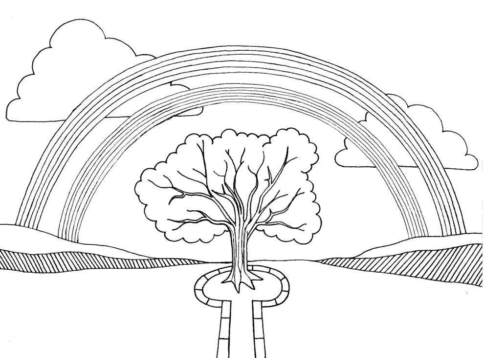 Название: Раскраска Дерево под радугой. Категория: Радуга. Теги: Радуга, облака.