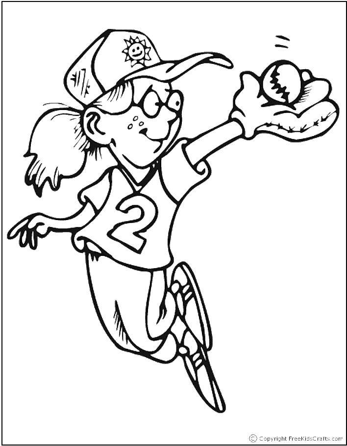 Название: Раскраска Девочка и бейсбол. Категория: Спорт. Теги: девочка, мяч, кепка, перчатка.