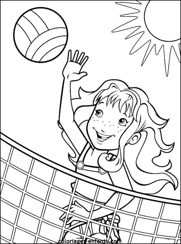 Название: Раскраска Девочка и волейбольный мяч. Категория: Спорт. Теги: девочка, мяч, сетка, солнце.