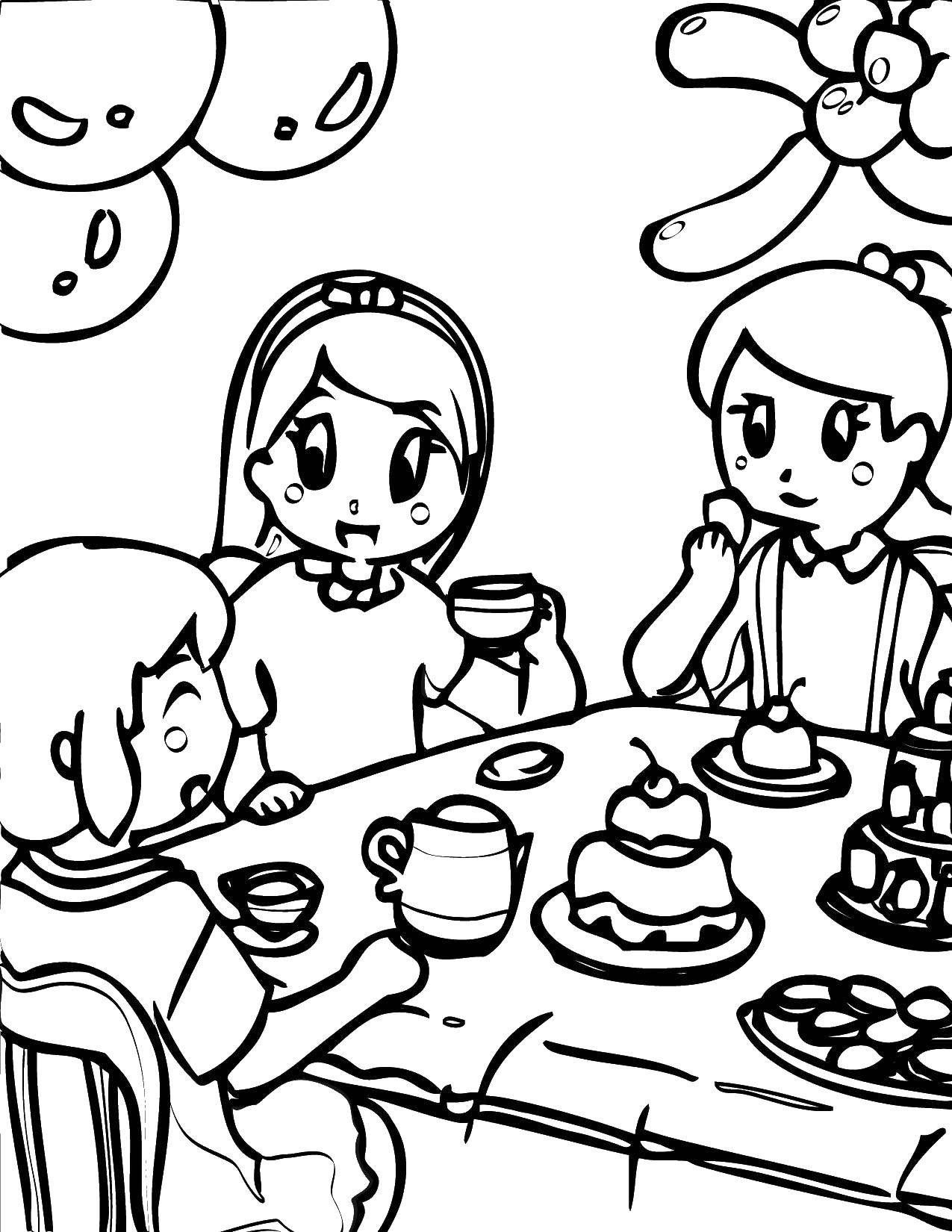 Название: Раскраска Девочки и накрытый стол. Категория: день рождения. Теги: дети, стол, торт, шарики.
