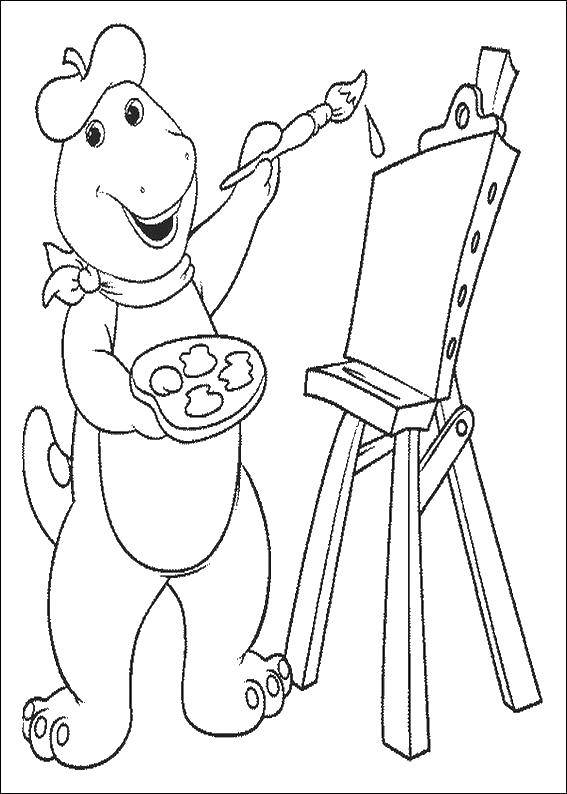Coloring Dinosaur and easel. Category Learn to draw. Tags:  dinosaur, easel, brushes, palette.