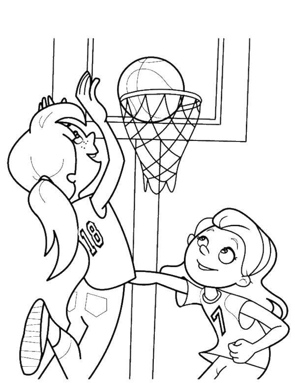 Название: Раскраска Две баскетболистки и корзина. Категория: Спорт. Теги: девочки, баскетбол, мяч, корзина.
