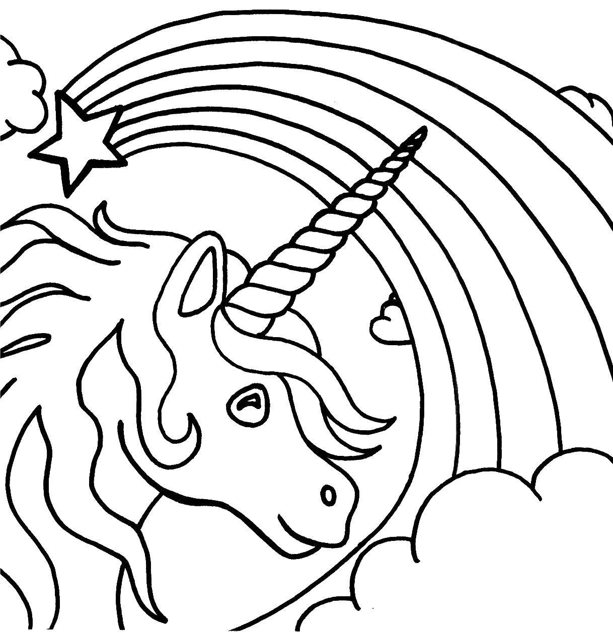 Coloring Unicorn and a rainbow in the sky. Category The rainbow. Tags:  Rainbow, clouds.