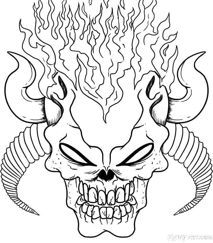 Название: Раскраска Горящий череп с рогами. Категория: Череп. Теги: Череп, огонь.