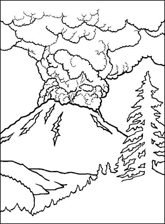 Название: Раскраска Извергающийся вулкан. Категория: Вулкан. Теги: вулкан, извержение, деревья.