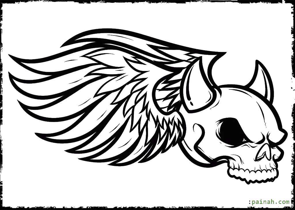 Название: Раскраска Крылатый череп с рогами. Категория: Череп. Теги: Череп, огонь.