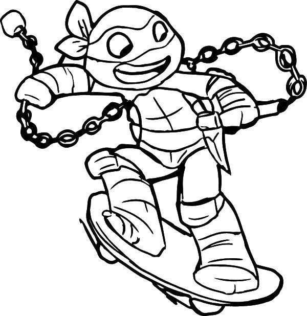 Coloring Leonardo on a skateboard and chain. Category teenage mutant ninja turtles. Tags:  turtle, skate, chain.