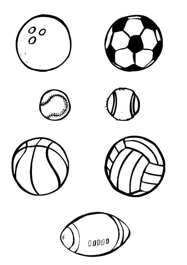 Название: Раскраска Мячи для разных видов спорта. Категория: Спорт. Теги: волейбол, баскетбол, футбол, мяч.