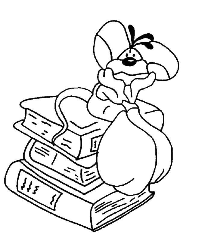 Название: Раскраска Мышка на книжках. Категория: Животные. Теги: животные, книжки, мышка.