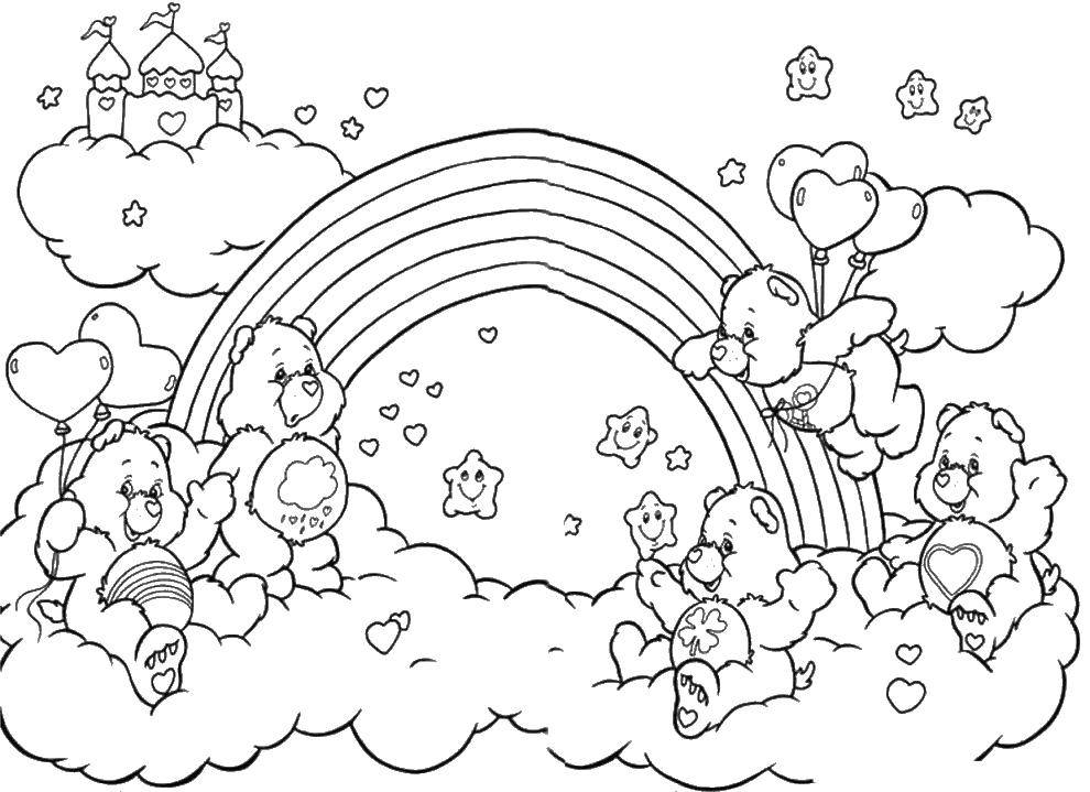 Название: Раскраска Радуга и мишки. Категория: Радуга. Теги: радуга, мишки, облака, звездочки.