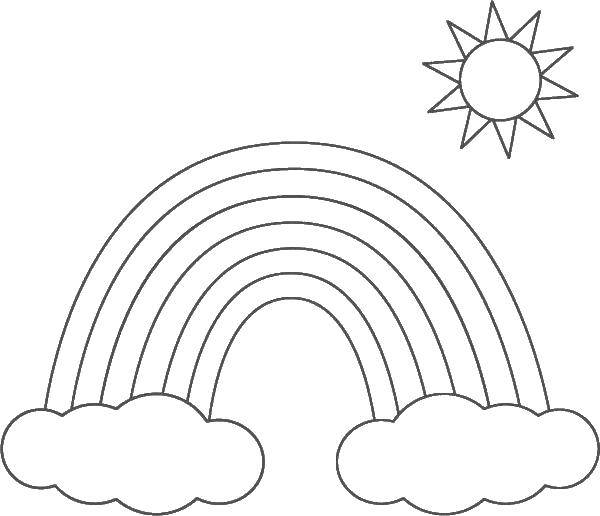 Название: Раскраска Радуга с облаком и солнцем. Категория: Радуга. Теги: радуга, облако, солнце.