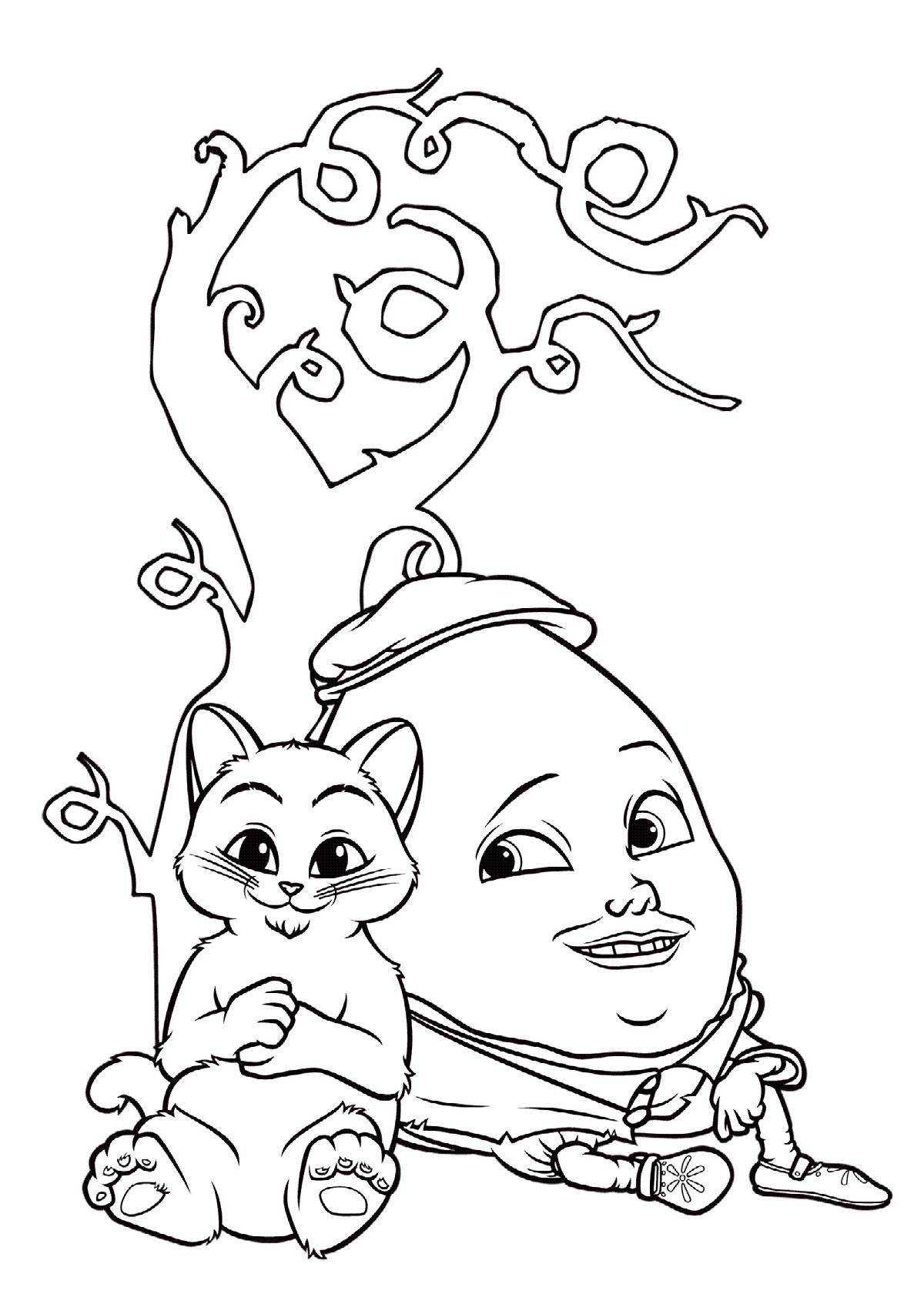 Coloring Drawing puss in boots and Humpty Baltay. Category Pets allowed. Tags:  cat, cat.