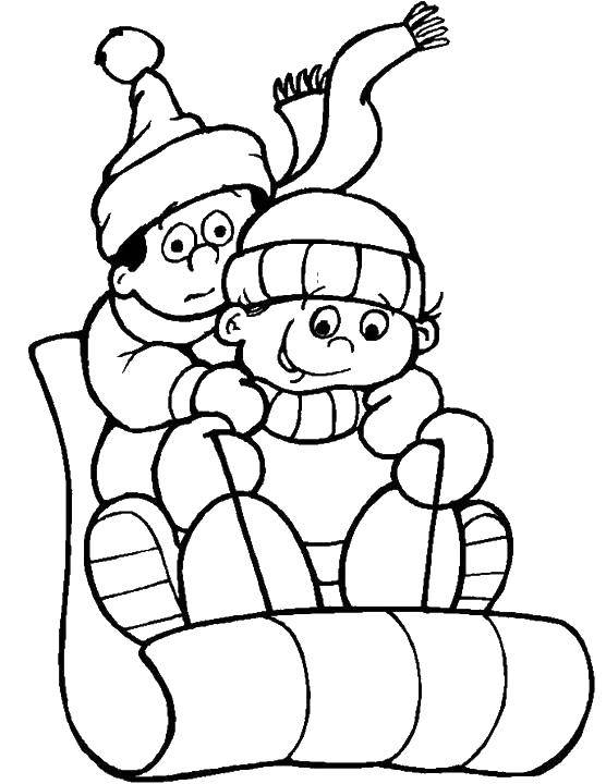 Название: Раскраска Санки и дети. Категория: зима. Теги: санки, дети, шапки.