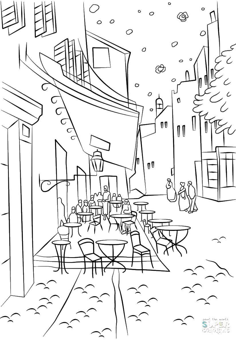 Название: Раскраска Улочки с кафе. Категория: город. Теги: Город, , дома, здания.