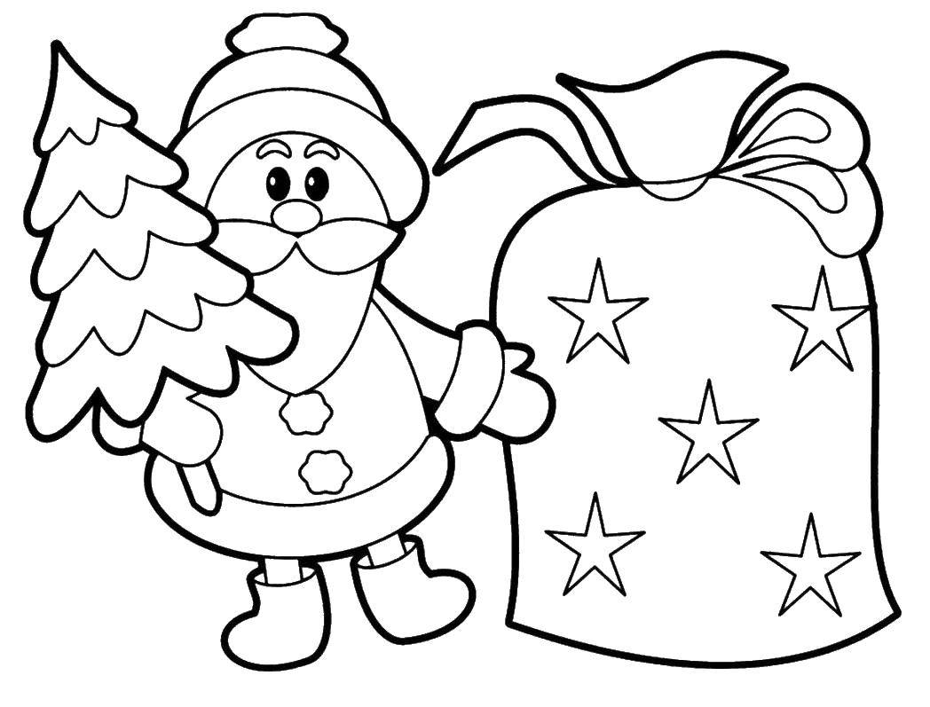 Coloring Santa Claus with Christmas tree and bag of gifts. Category Christmas. Tags:  Santa Claus, tree, bag.