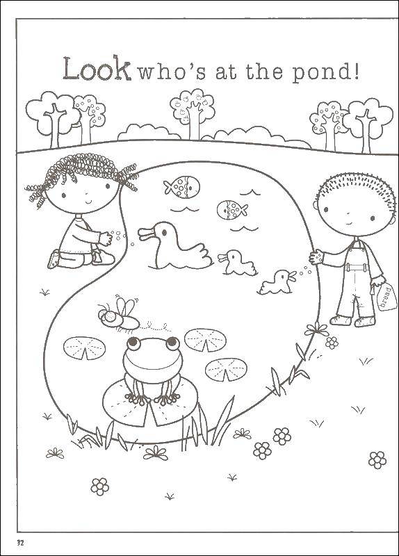 Coloring Children at the pond. Category children. Tags:  children pond frog.