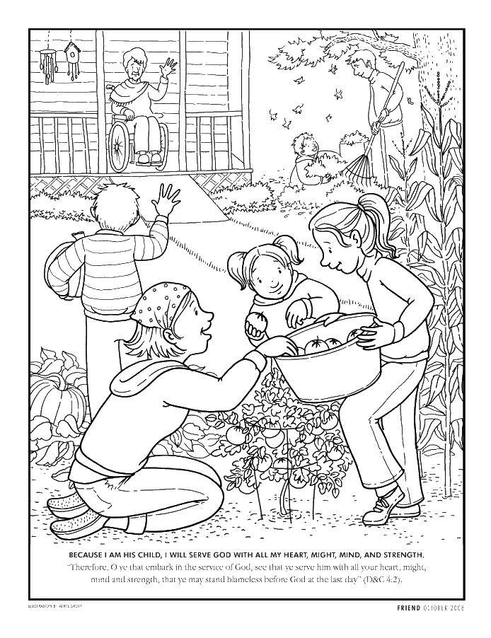 Название: Раскраска Дети в саду и бабушка. Категория: Семья. Теги: дети, сад, , овощи, бабушка, дом.
