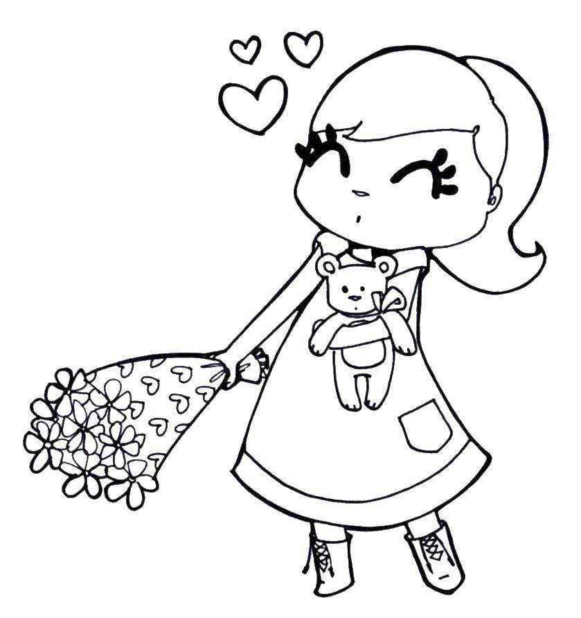 Coloring Girl with a bouquet of flowers and a Teddy bear. Category For girls. Tags:  girl , bouquet, love, Teddy bear, happiness.