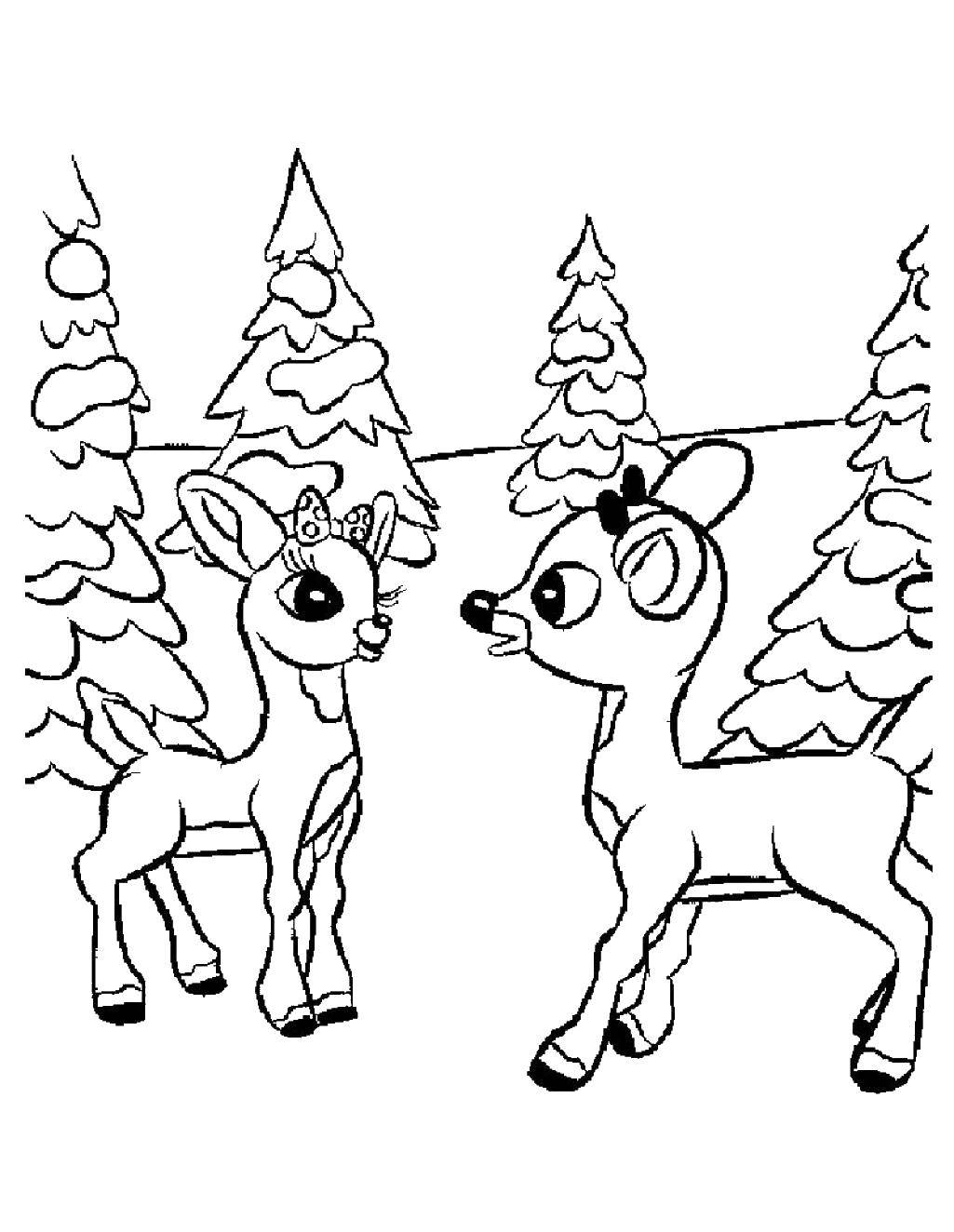 Название: Раскраска Два олененка в лесу. Категория: Животные. Теги: олененок, бантик, елки.