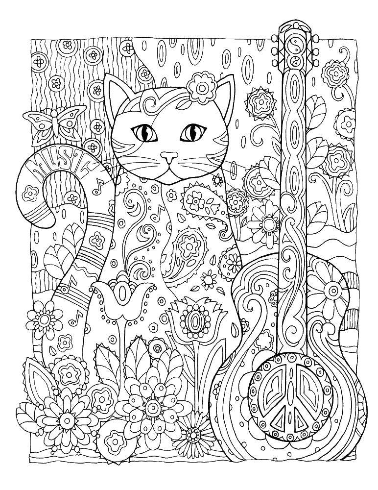 Coloring Guitar and cat. Category coloring. Tags:  cat, guitar, patterns.