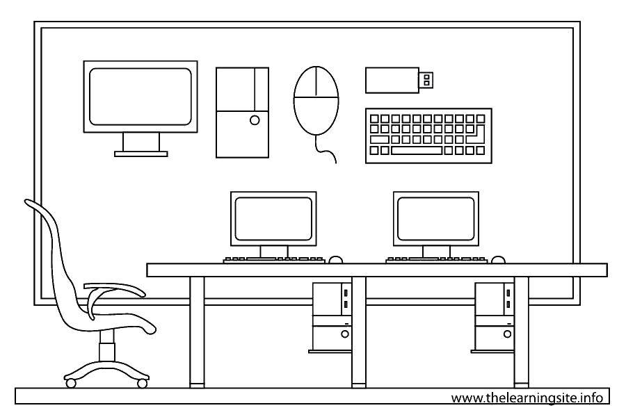 Название: Раскраска Компьютеры на столе. Категория: раскраски. Теги: стол, кресло, компьютер, клавиатура, мышка.