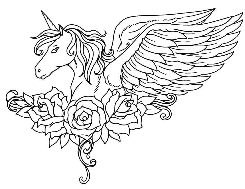 Название: Раскраска Крылатый единорог и розы. Категория: единороги. Теги: единорог, розы, крылья.