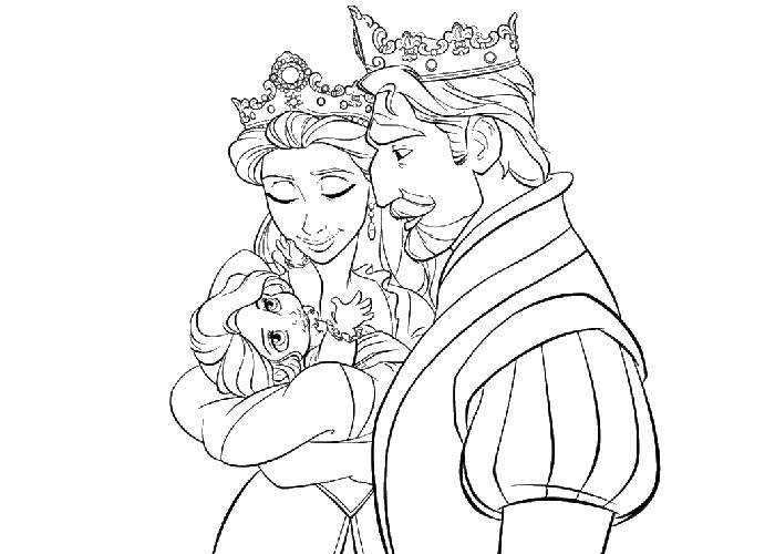 Название: Раскраска Маленькая рапунцель и ее родители. Категория: раскраски. Теги: король, королева, рапунцель.