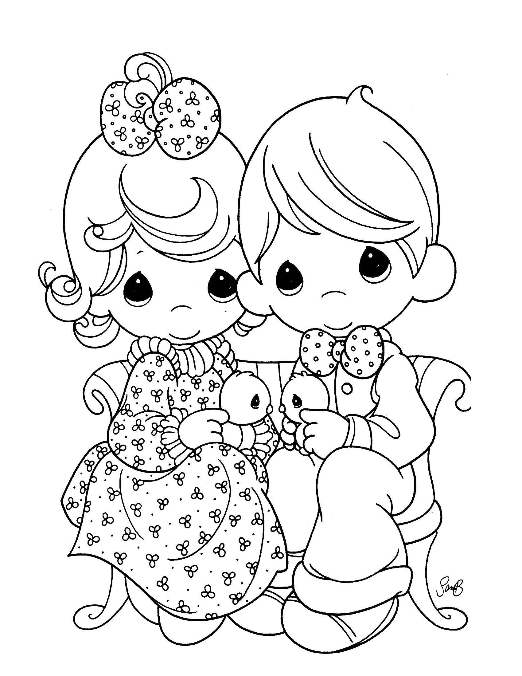 Coloring Little boy and girl with birds. Category Wedding. Tags:  boy, girl, birds.